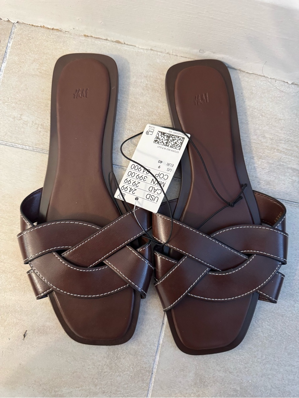 NWT H&M Dark Brown Braided Leather-Look Slide Sandals